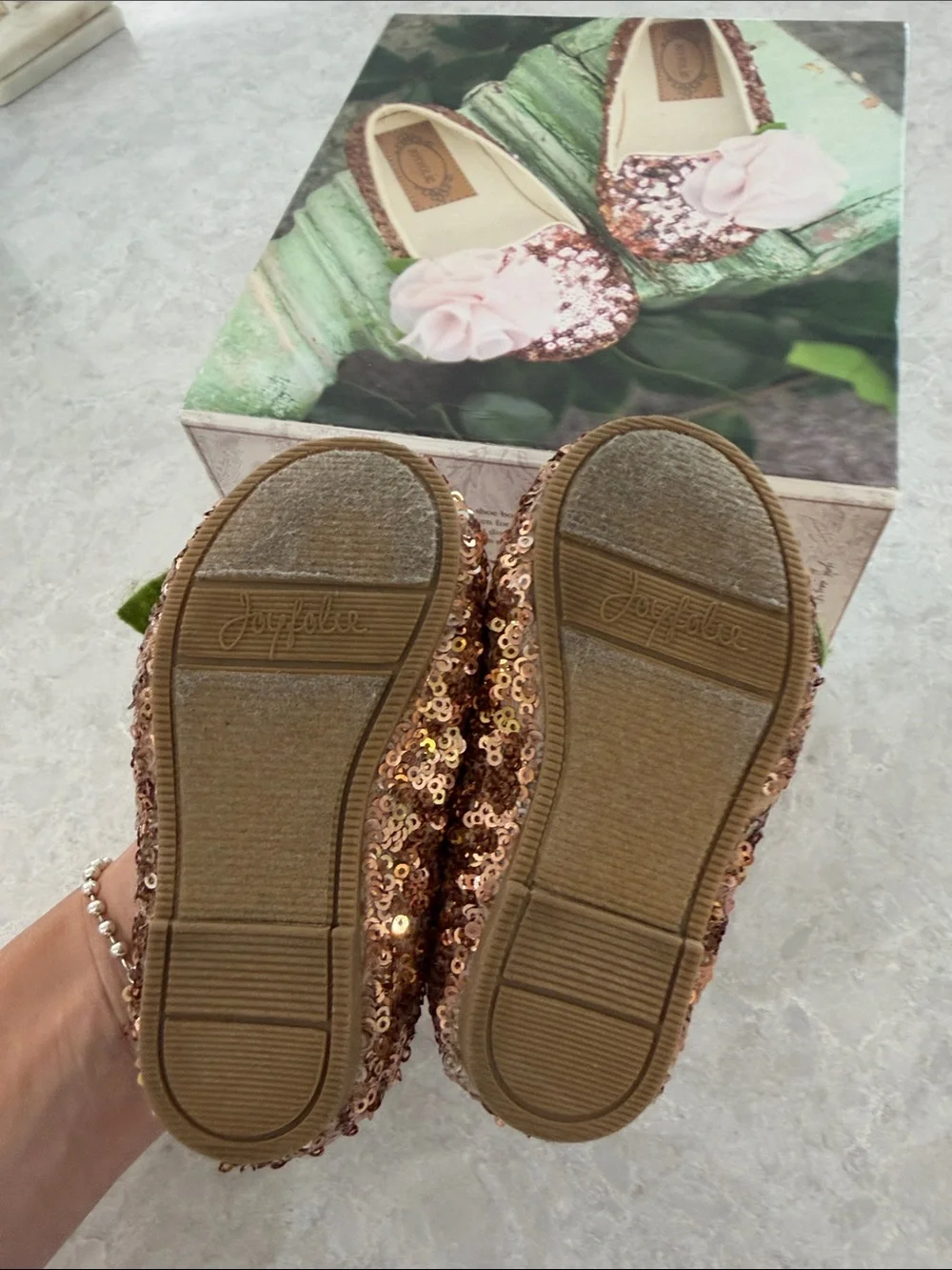 Joyfolie Rose Gold Sequin Slip-On Shoes with Pink Flower